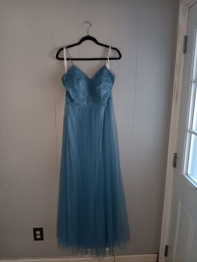 Azazie Blue Tulle Formal Size 12/14 Ball Gown For Woman New W Tags See Measureme